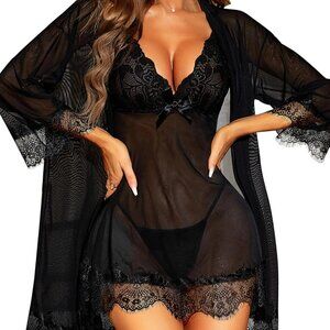 Women Sexy Lingerie Set 3 Piece Babydoll & Lace Kimono Robe Strap Chemise Sleepw